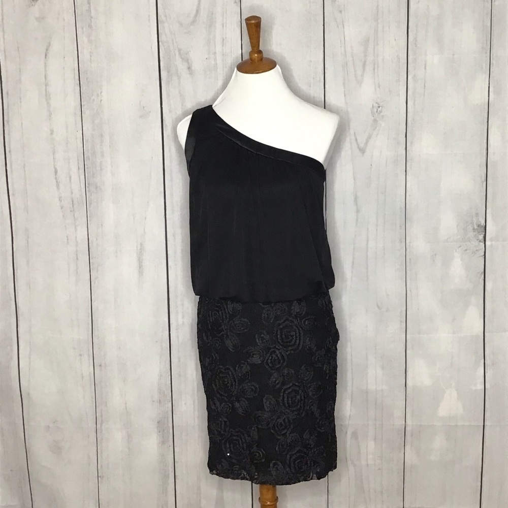 Jackie Jon New York Black One Shoulder Embellished Rose Sequins Dress Size 4